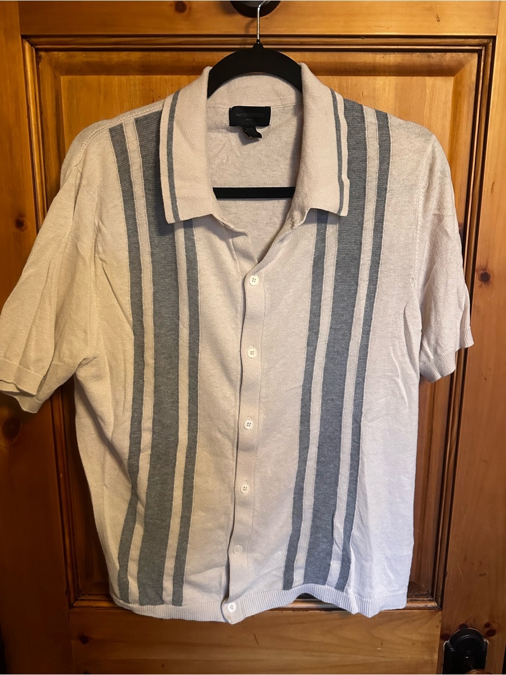 Magaschoni Cream Short-Sleeve Button-Down Knit with Gray Vertical Stripes